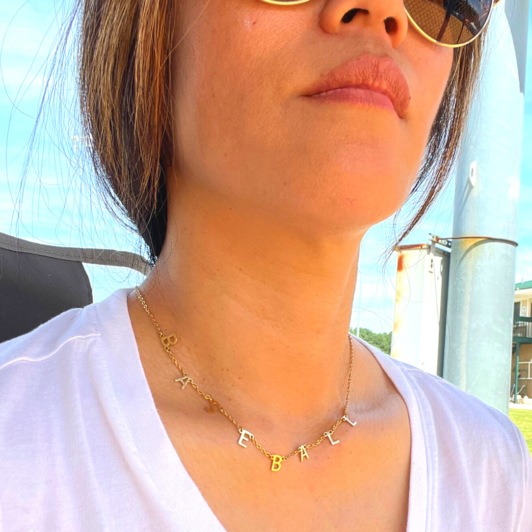 BASEBALL Necklace product mockup picture on an actual model.