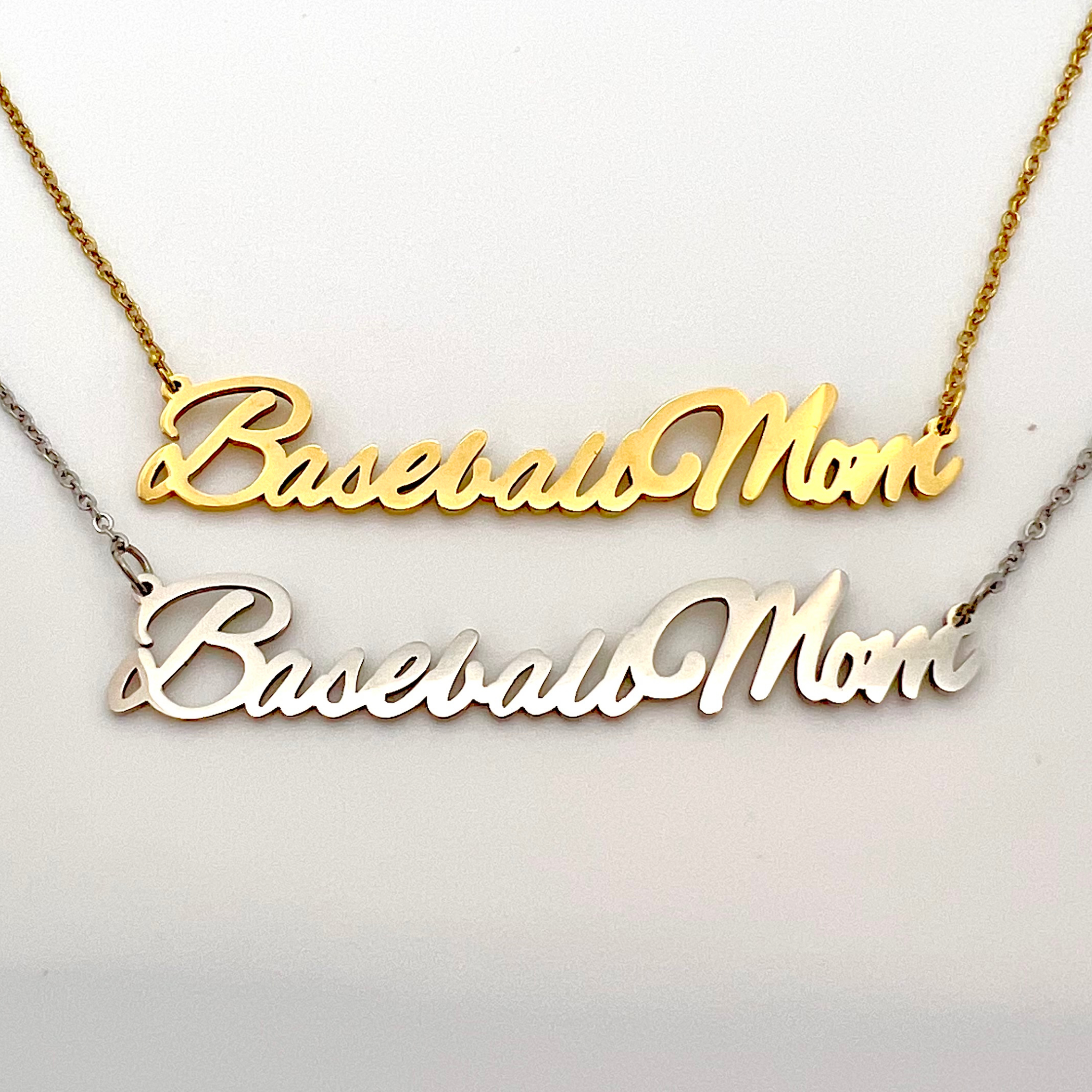 Baseball mom necklace main product picture. Both gold and silver necklace is featured in this picture.