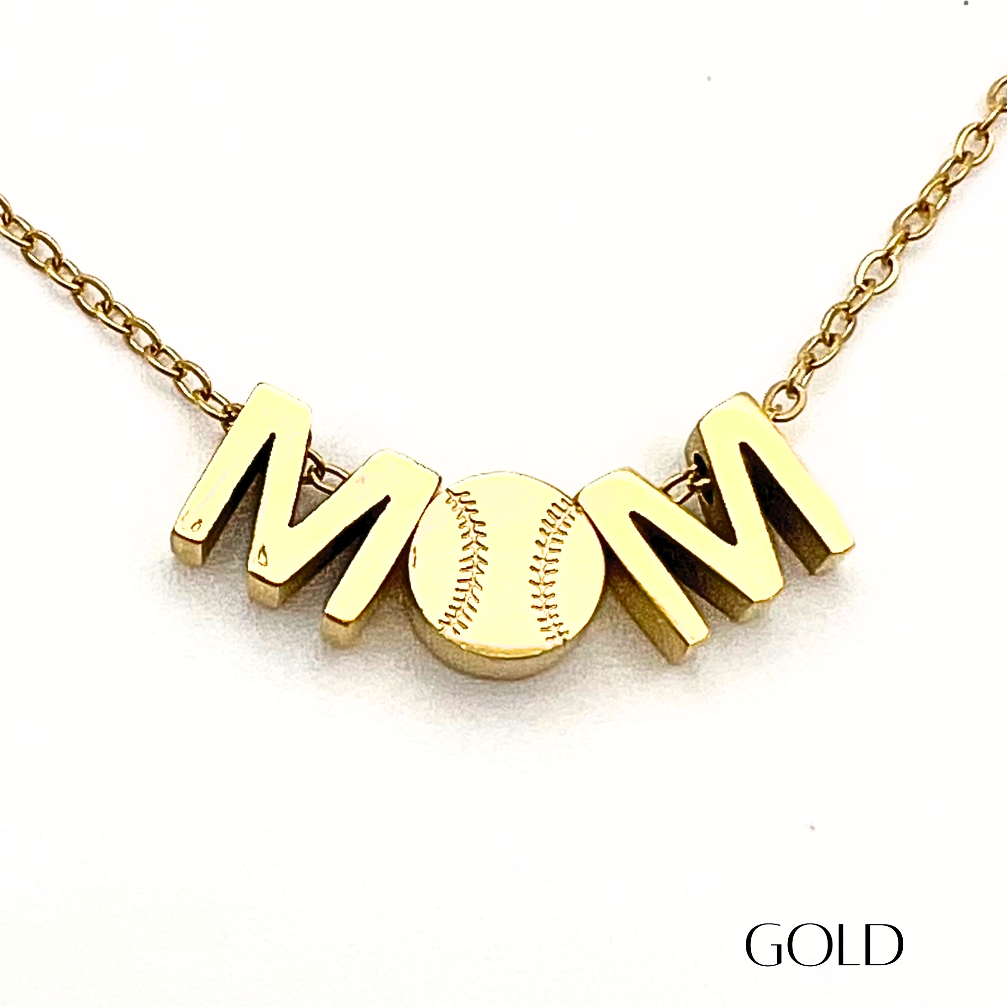 Closeup product picture of MOM baseball charm necklace in gold