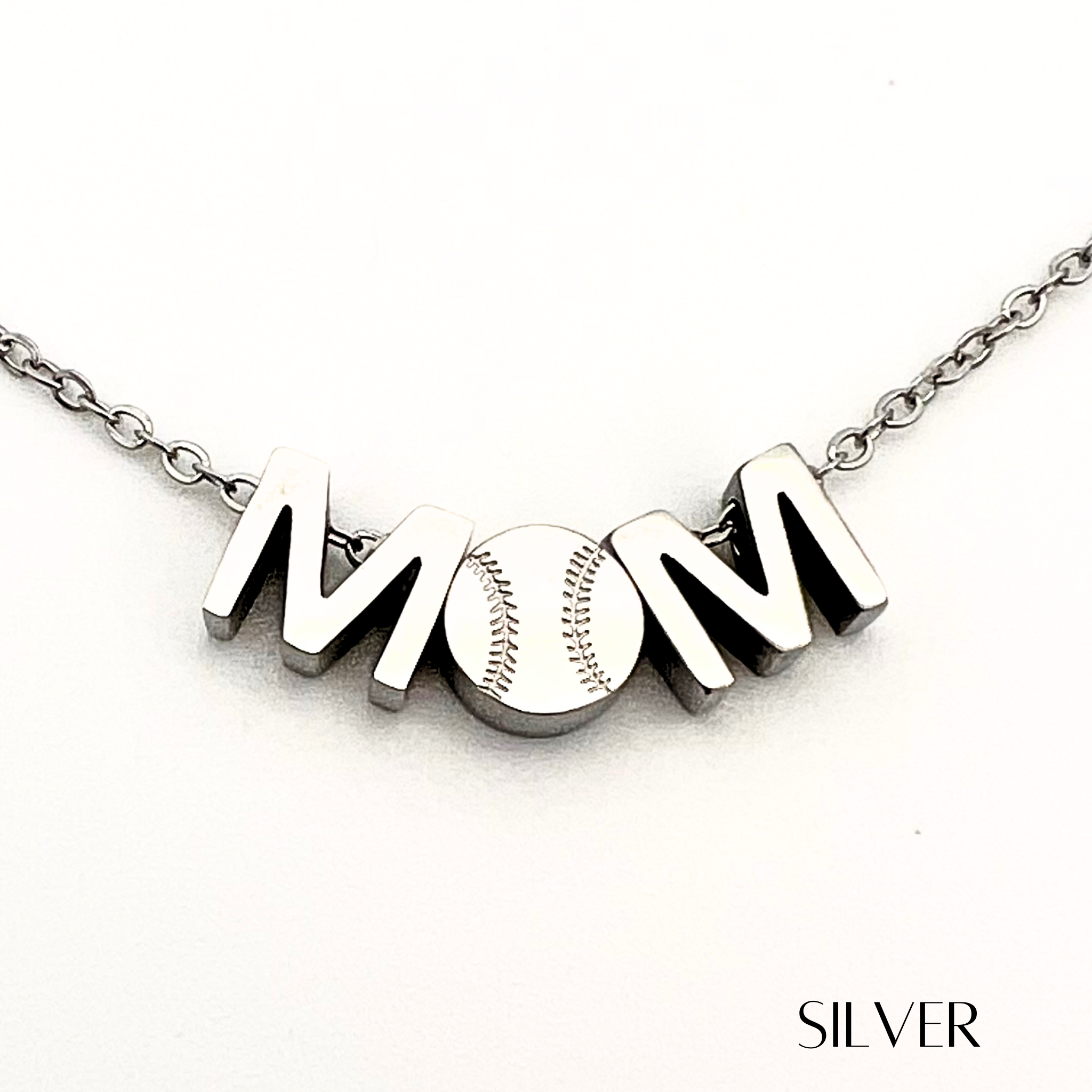 Closeup product picture of MOM baseball charm necklace in silver