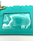 Baseball and softball themed wristlet wallet closeup picture from the backside with clear card holder