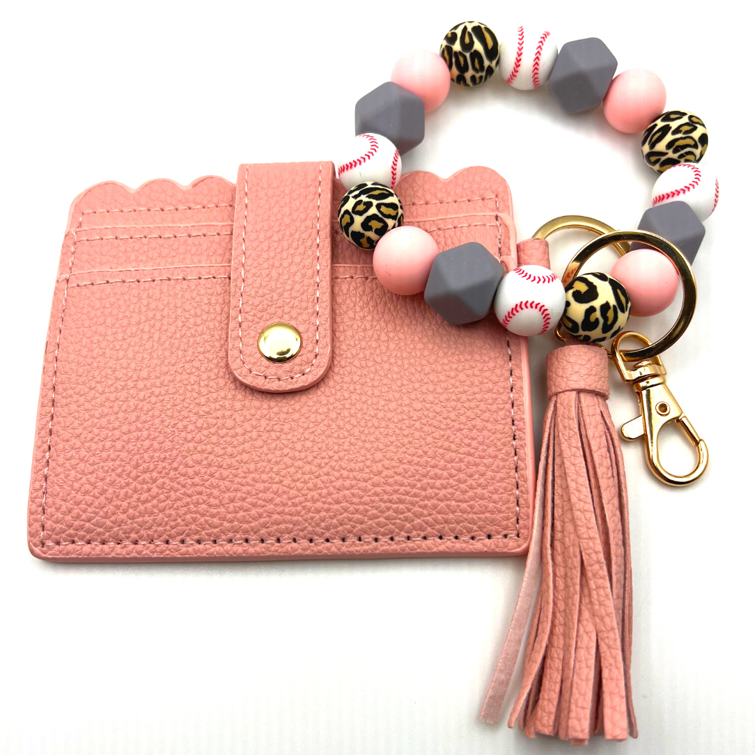 Baseball themed wristlet with wallet and keychain in pink