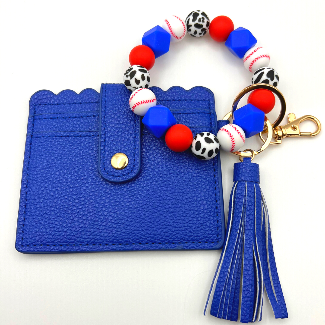 Baseball themed wristlet with wallet and keychain in red and blue