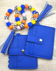Baseball and softball themed wristlet with wallet and keychain in orange and blue