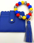 Softball themed wristlet with wallet and keychain in red and blue