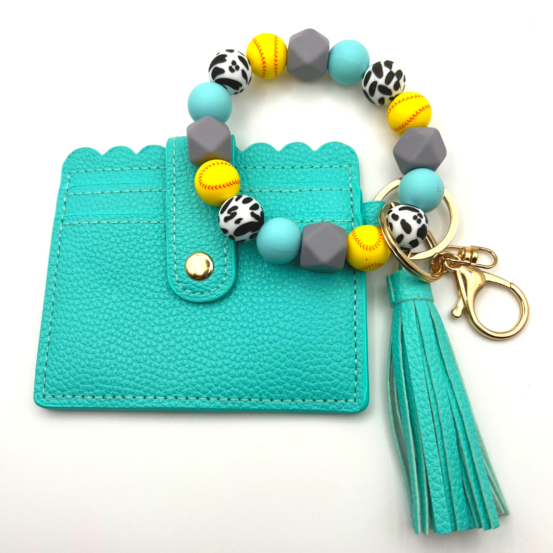 Softball themed wristlet with wallet and keychain in teal