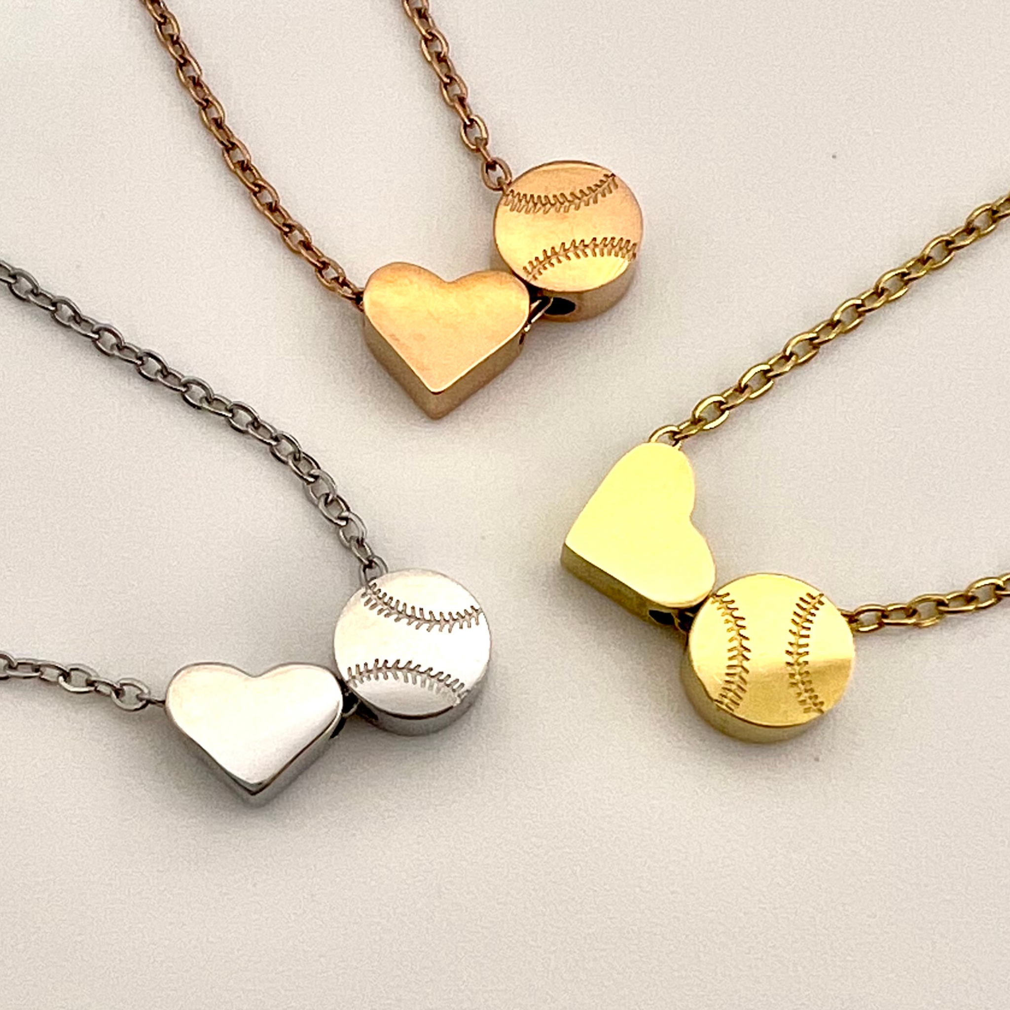 baseball necklace with charm, baseball necklace in gold, silver and rose gold with heart charm